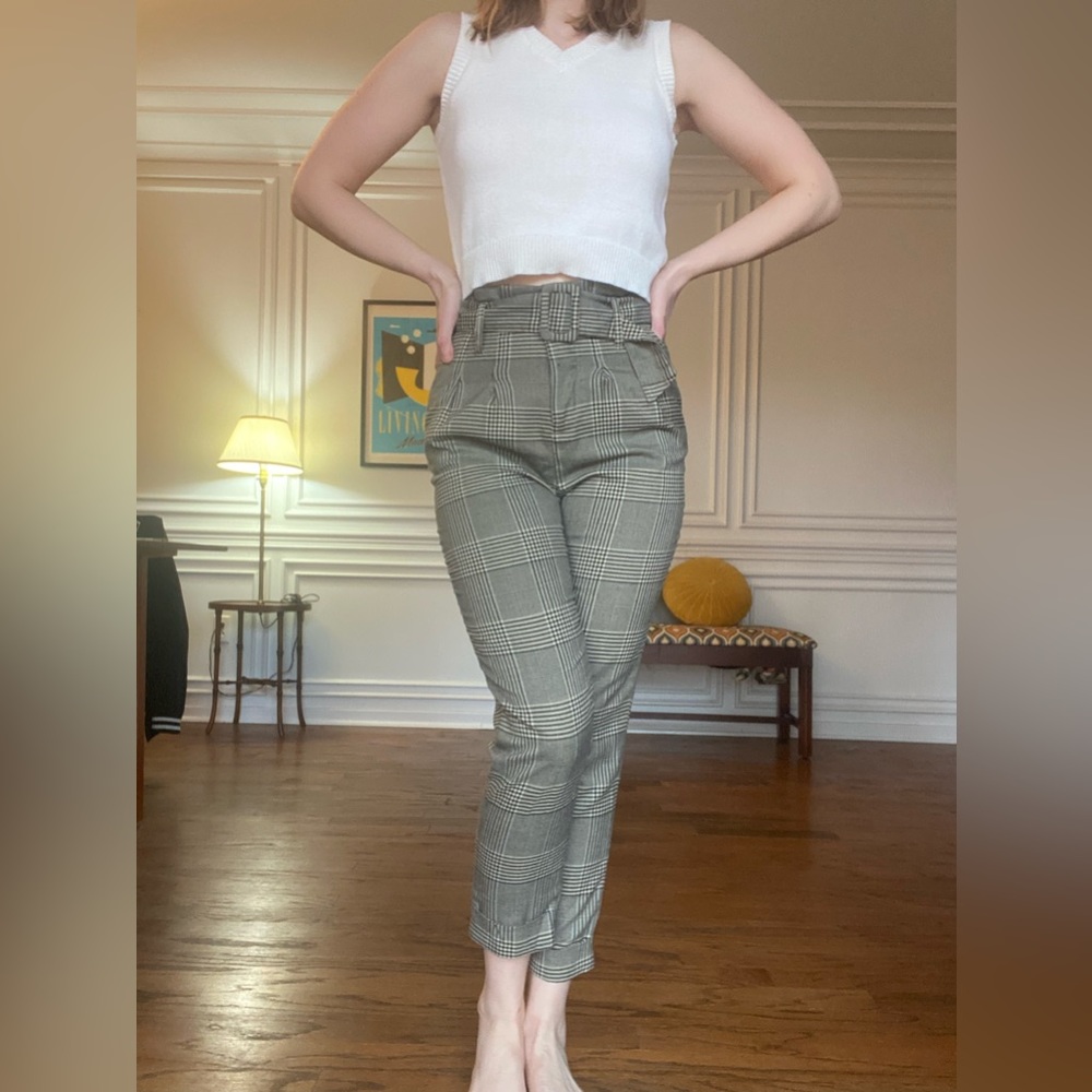 Plaid Paper Bag Pleated Pants